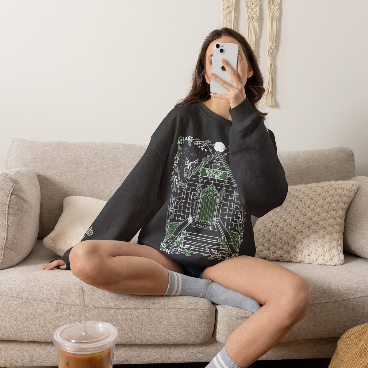Bookish Brews Crewneck Sweatshirt with Sleeve Designs (Gildan brand)