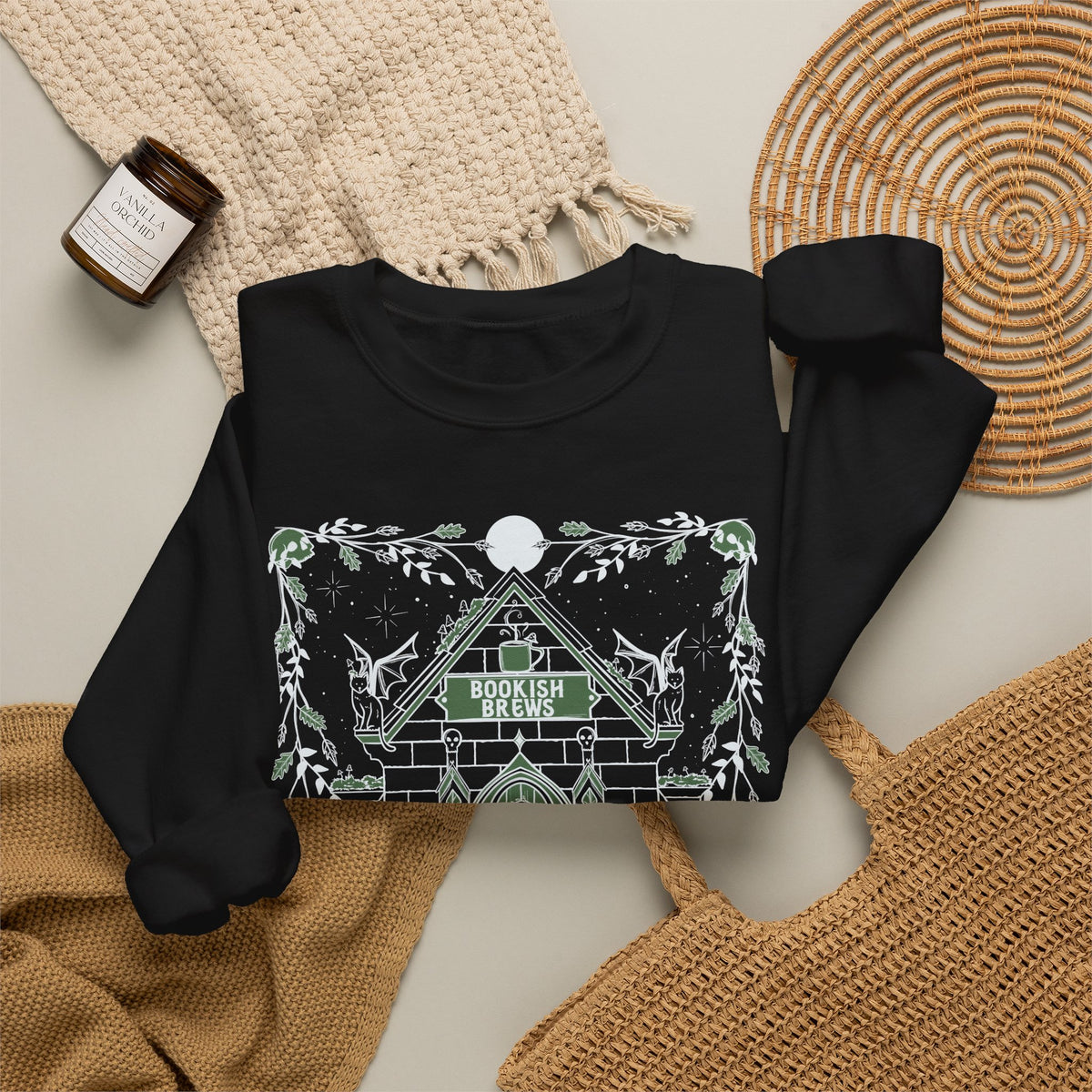 Bookish Brews Crewneck Sweatshirt with Sleeve Designs (Gildan brand)