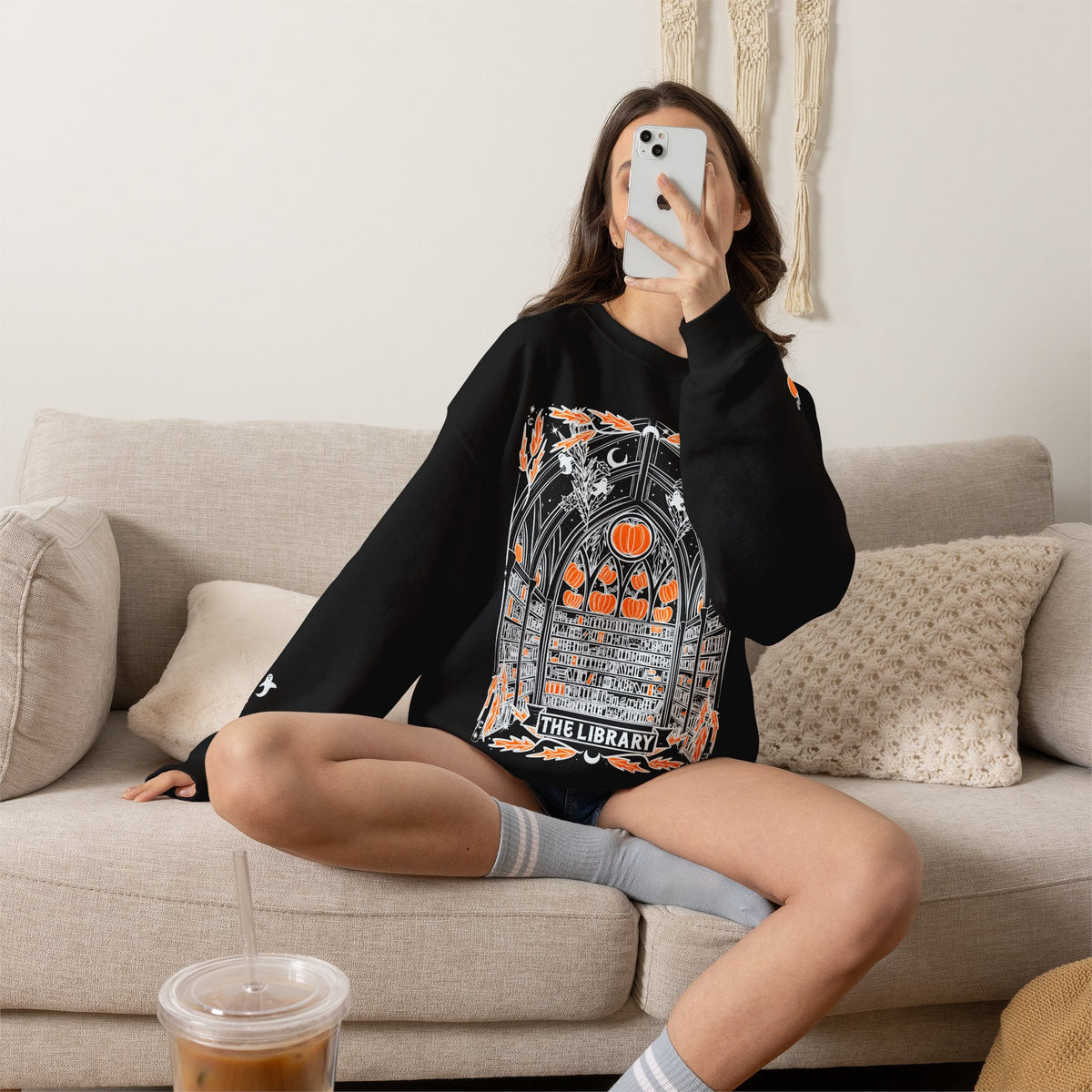 Haunted Library Crewneck Sweatshirt with Sleeve Designs (Gildan brand)