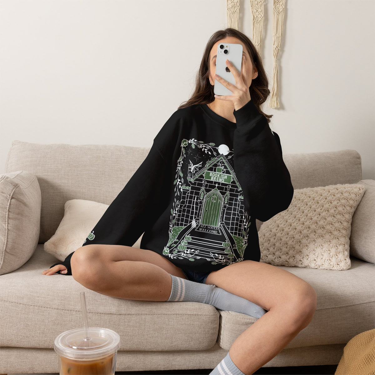 Bookish Brews Crewneck Sweatshirt with Sleeve Designs (Gildan brand)