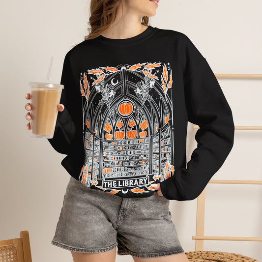 Haunted Library Crewneck Sweatshirt with Sleeve Designs (Gildan brand)