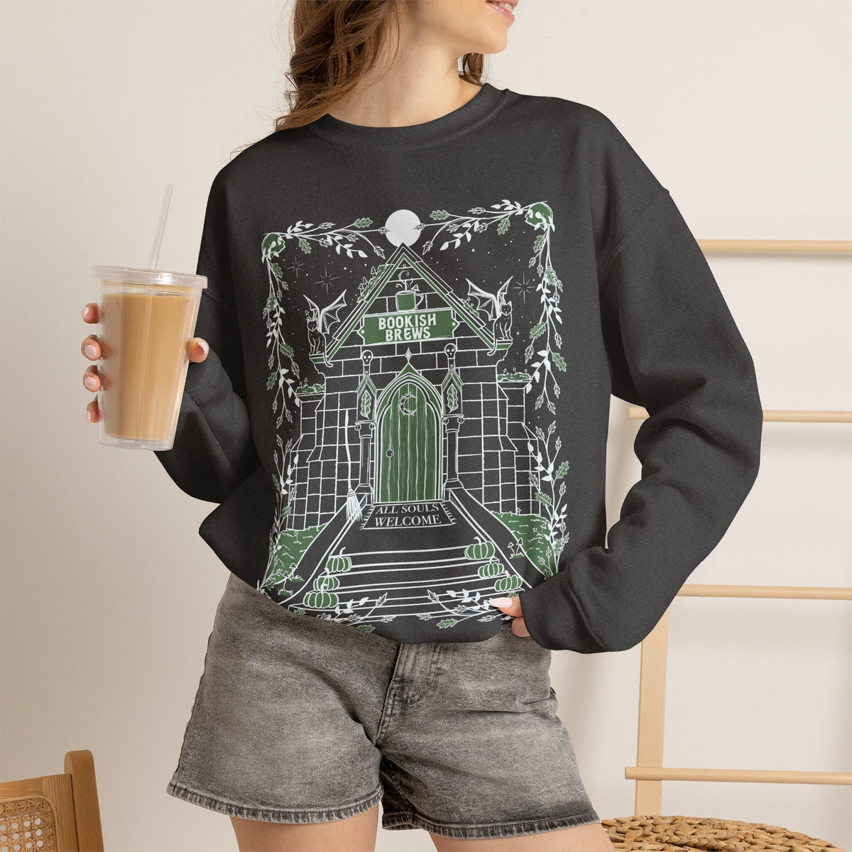 Bookish Brews Crewneck Sweatshirt with Sleeve Designs (Gildan brand)