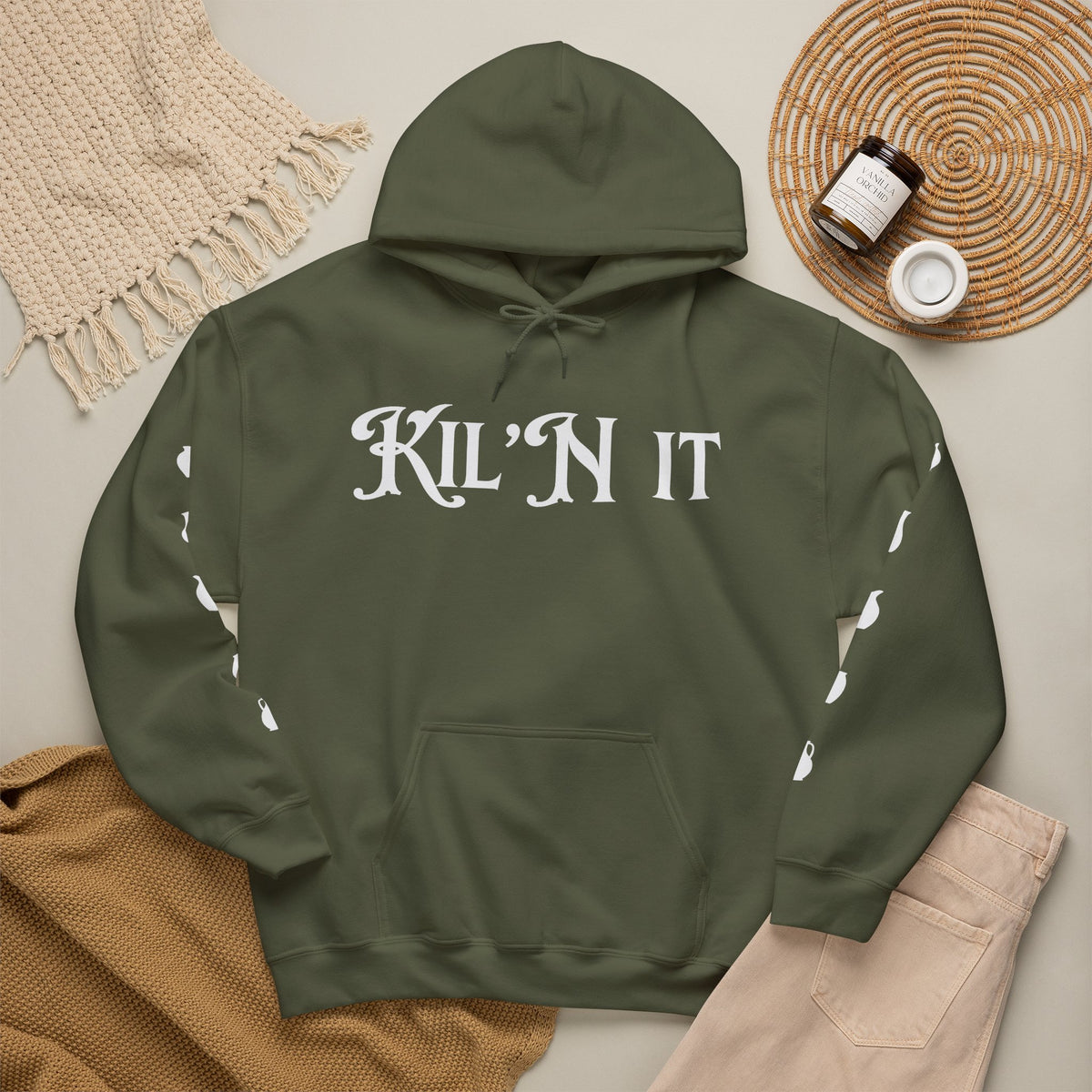 KIL'N IT Hoodie for Ceramic Artists with Sleeve Designs (Gildan Brand)