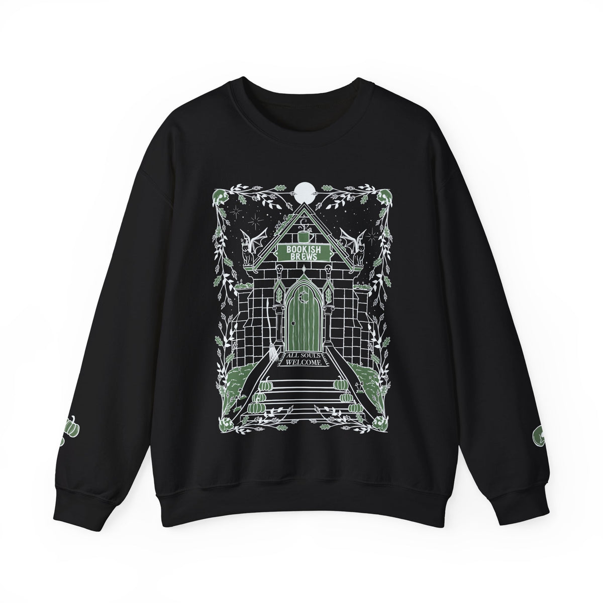 Bookish Brews Crewneck Sweatshirt with Sleeve Designs (Gildan brand)