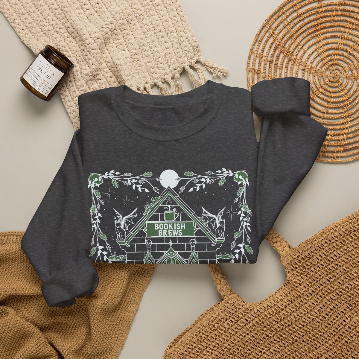 Bookish Brews Crewneck Sweatshirt with Sleeve Designs (Gildan brand)