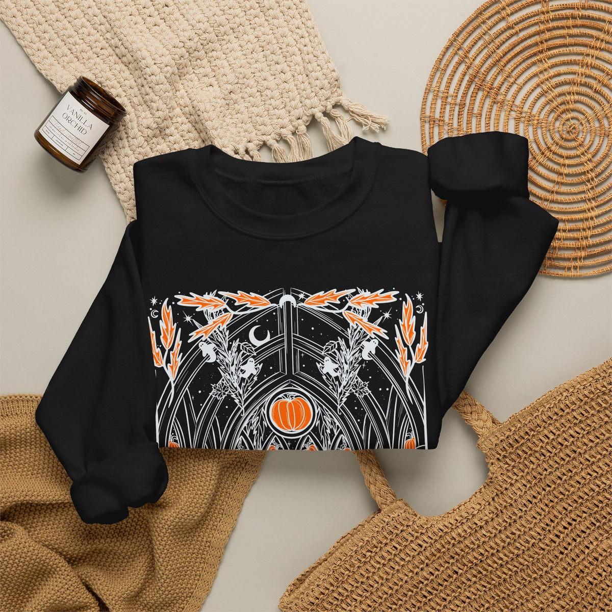 Haunted Library Crewneck Sweatshirt with Sleeve Designs (Gildan brand)