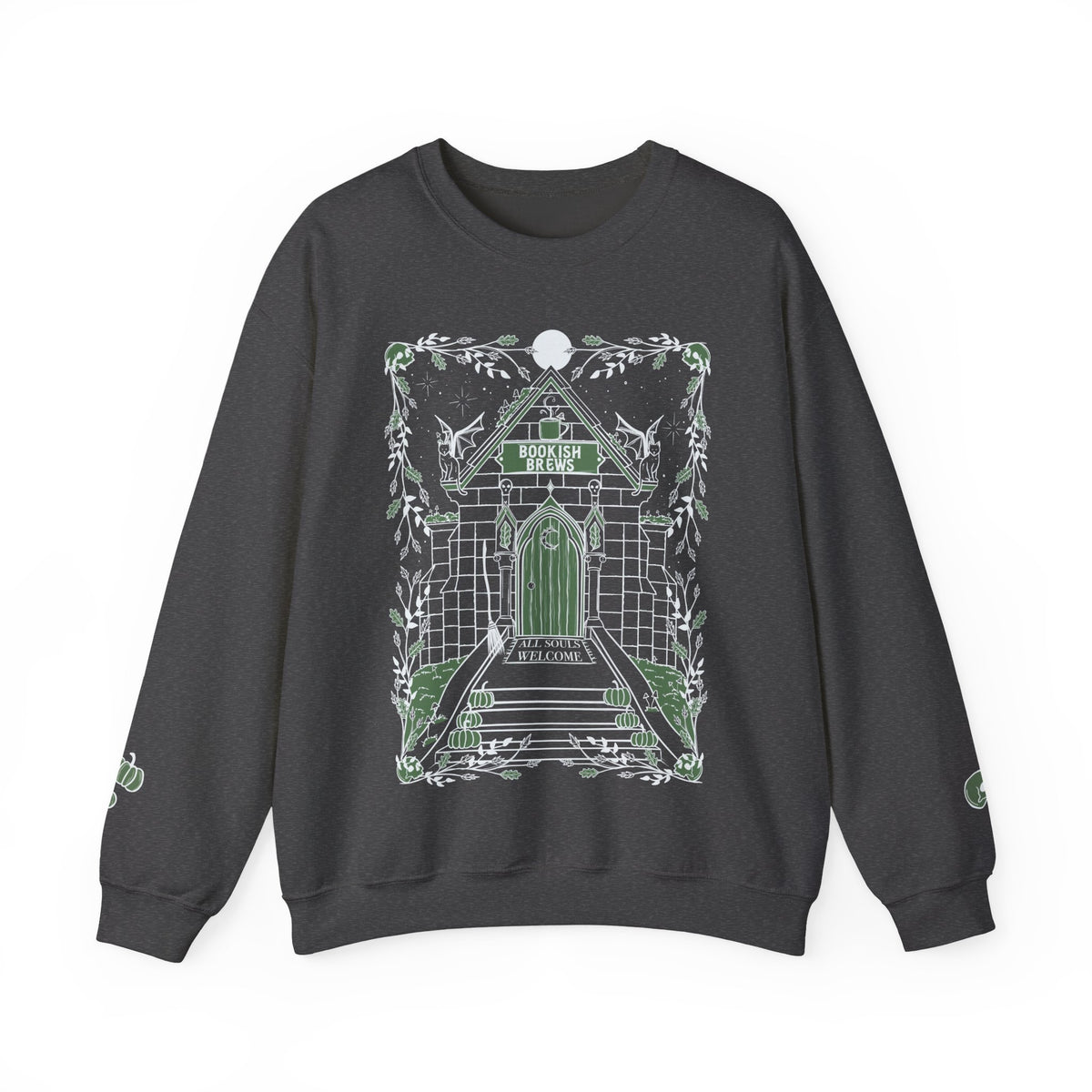 Bookish Brews Crewneck Sweatshirt with Sleeve Designs (Gildan brand)