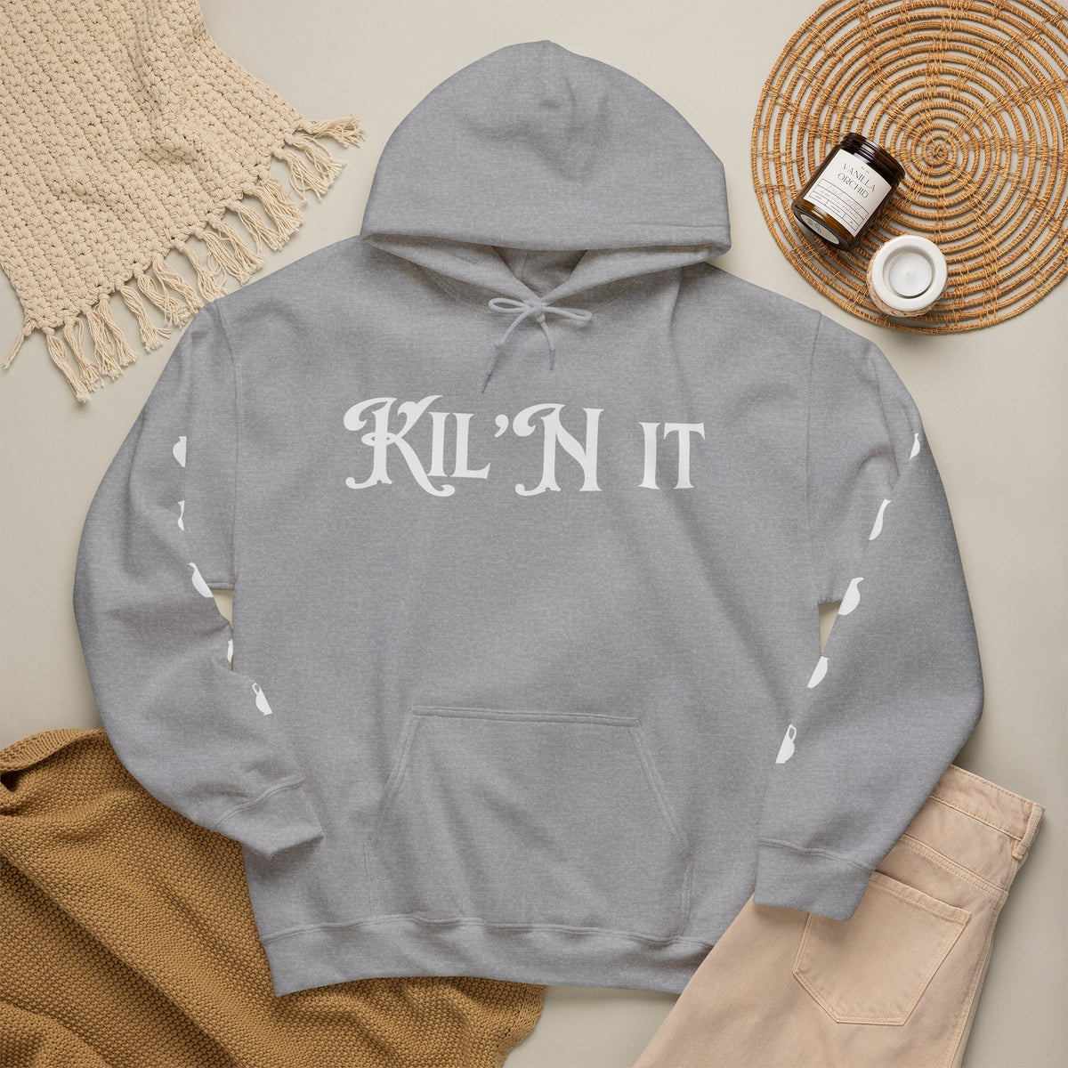 KIL'N IT Hoodie for Ceramic Artists with Sleeve Designs (Gildan Brand)