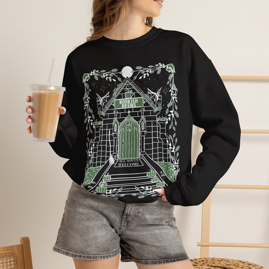 Bookish Brews Crewneck Sweatshirt with Sleeve Designs (Gildan brand)